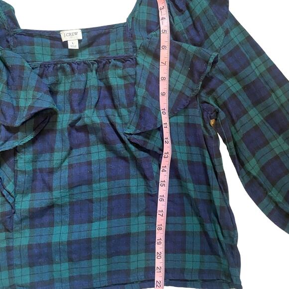 J Crew Shirt Womens Large Blackwatch Plaid Flannel Preppy Ruffle Classy Blouse - Picture 4 of 5